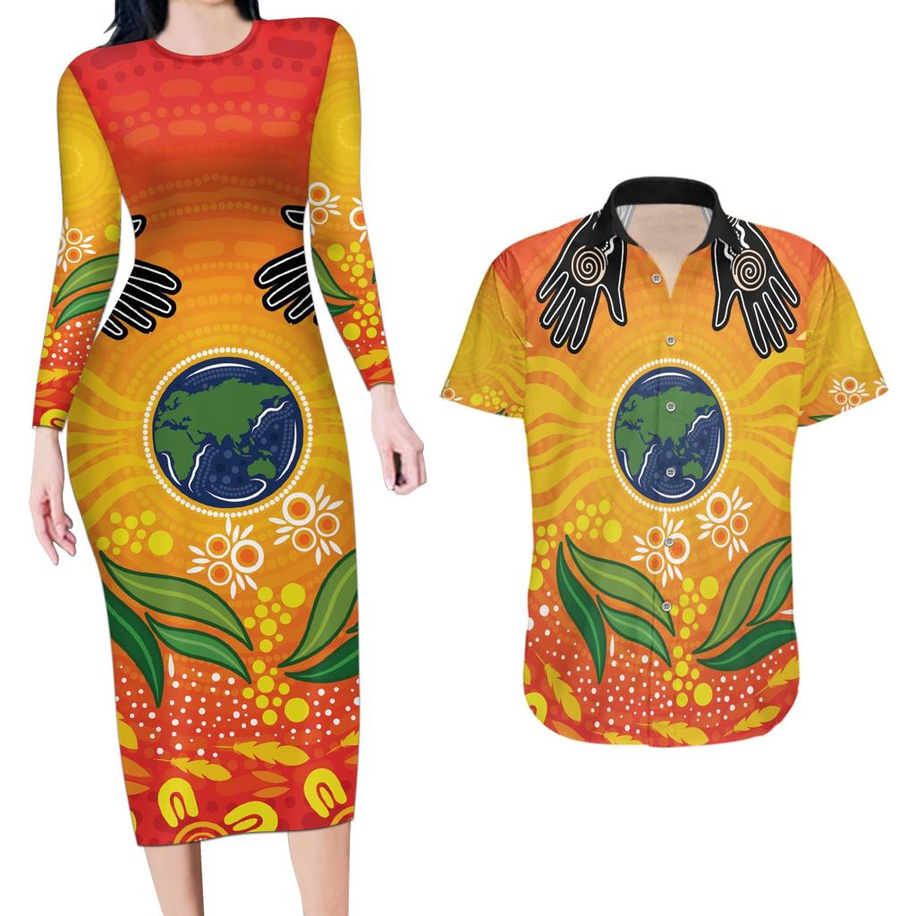 Australia Earth Day Indigenous Couples Matching Long Sleeve Bodycon Dress and Hawaiian Shirt Save The Earth