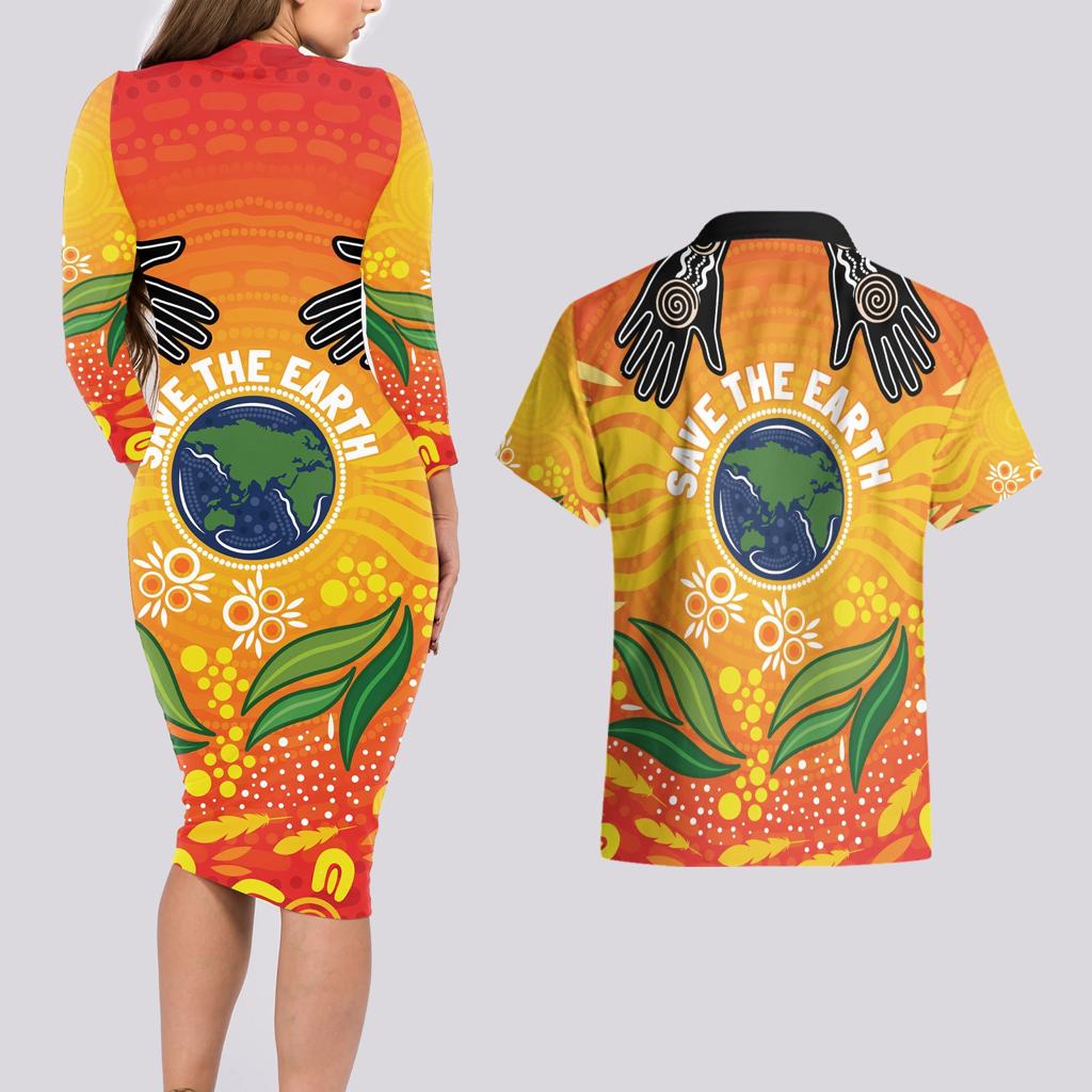 Australia Earth Day Indigenous Couples Matching Long Sleeve Bodycon Dress and Hawaiian Shirt Save The Earth