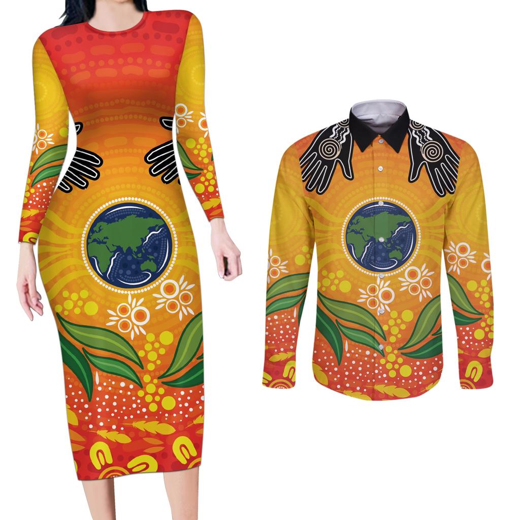 Australia Earth Day Indigenous Couples Matching Long Sleeve Bodycon Dress and Long Sleeve Button Shirt Save The Earth