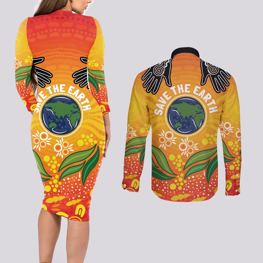 Australia Earth Day Indigenous Couples Matching Long Sleeve Bodycon Dress and Long Sleeve Button Shirt Save The Earth
