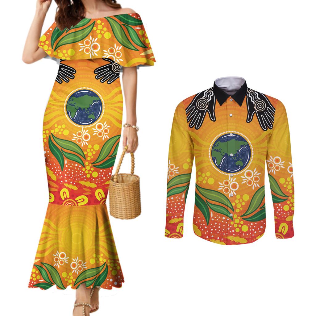 Australia Earth Day Indigenous Couples Matching Mermaid Dress and Long Sleeve Button Shirt Save The Earth