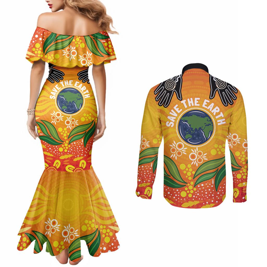Australia Earth Day Indigenous Couples Matching Mermaid Dress and Long Sleeve Button Shirt Save The Earth