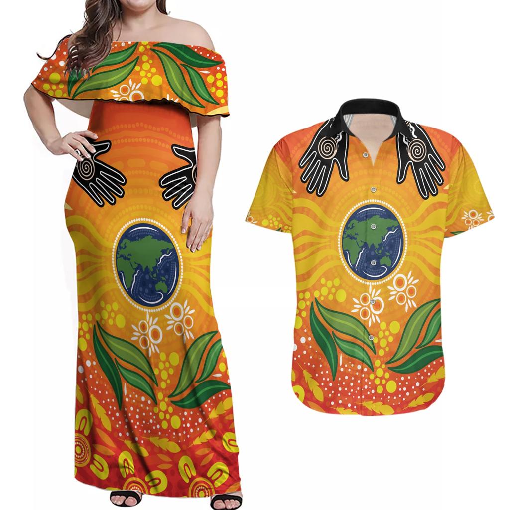 Australia Earth Day Indigenous Couples Matching Off Shoulder Maxi Dress and Hawaiian Shirt Save The Earth