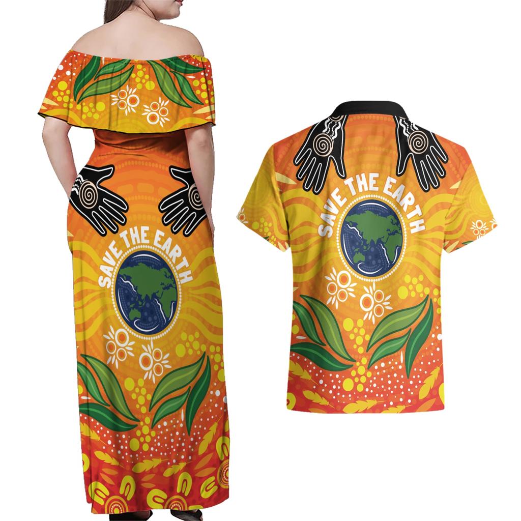 Australia Earth Day Indigenous Couples Matching Off Shoulder Maxi Dress and Hawaiian Shirt Save The Earth