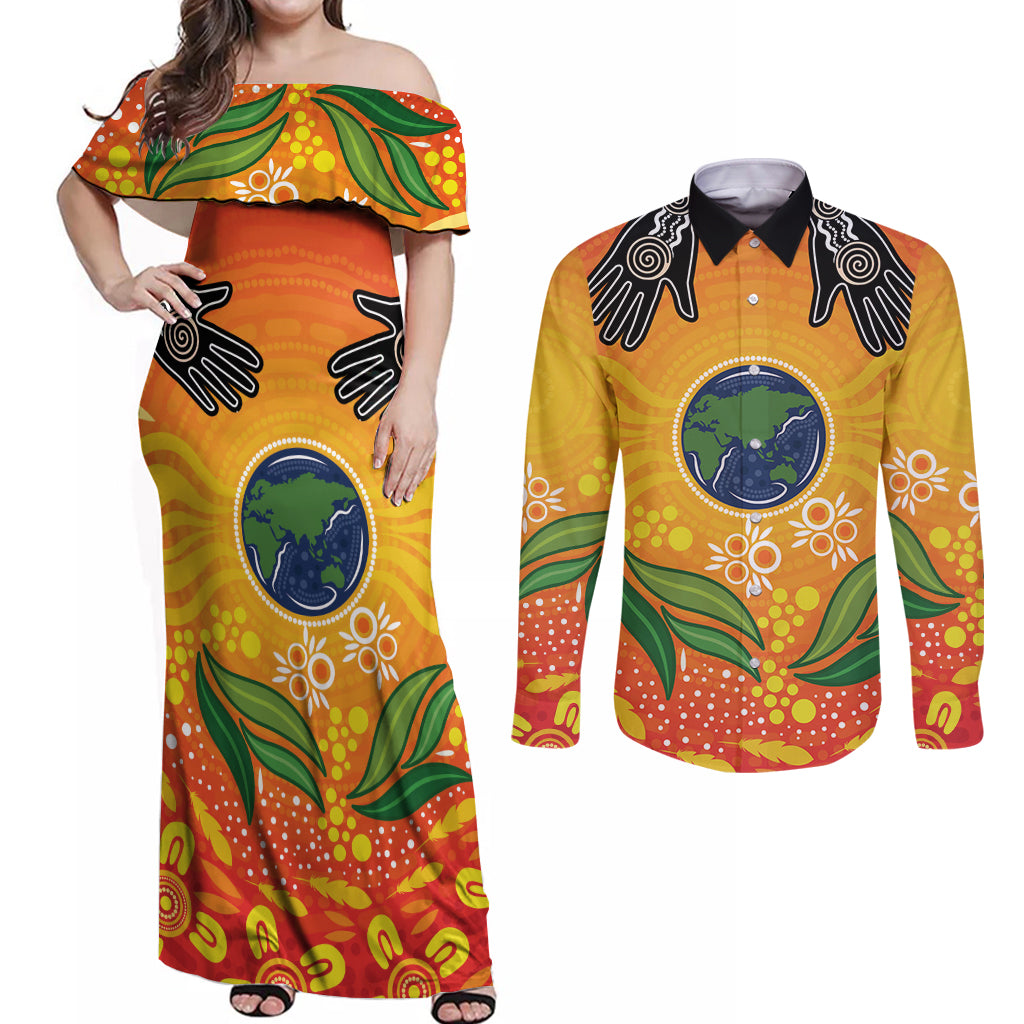 Australia Earth Day Indigenous Couples Matching Off Shoulder Maxi Dress and Long Sleeve Button Shirt Save The Earth