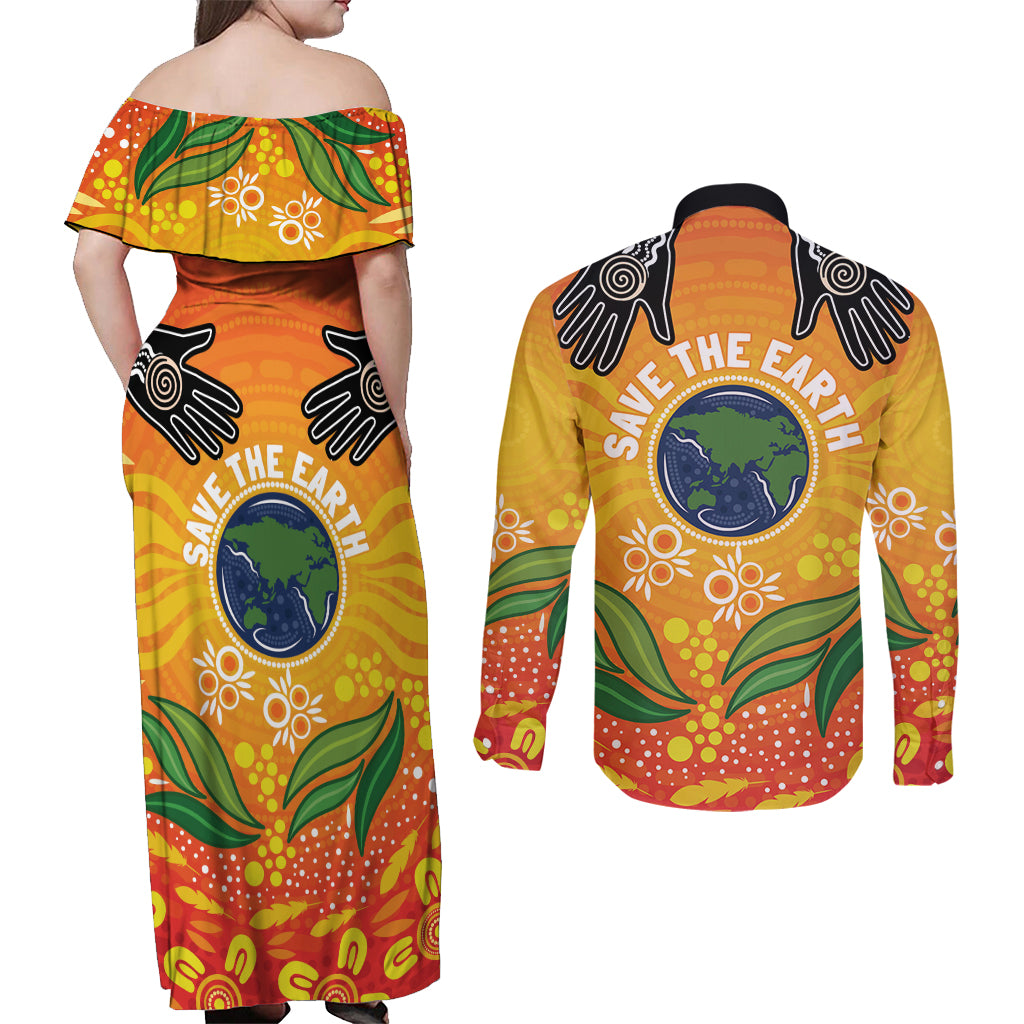 Australia Earth Day Indigenous Couples Matching Off Shoulder Maxi Dress and Long Sleeve Button Shirt Save The Earth