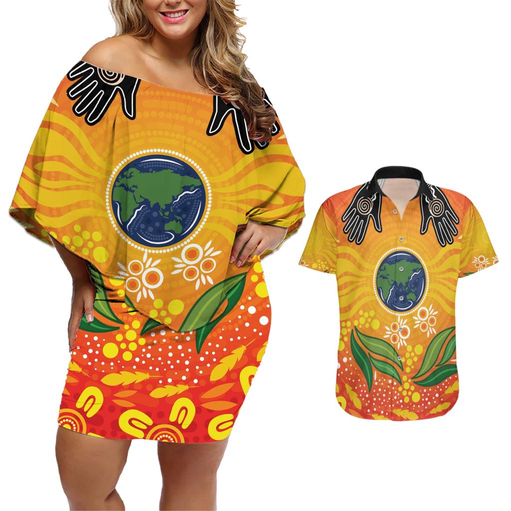 Australia Earth Day Indigenous Couples Matching Off Shoulder Short Dress and Hawaiian Shirt Save The Earth