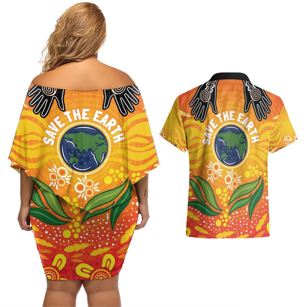 Australia Earth Day Indigenous Couples Matching Off Shoulder Short Dress and Hawaiian Shirt Save The Earth