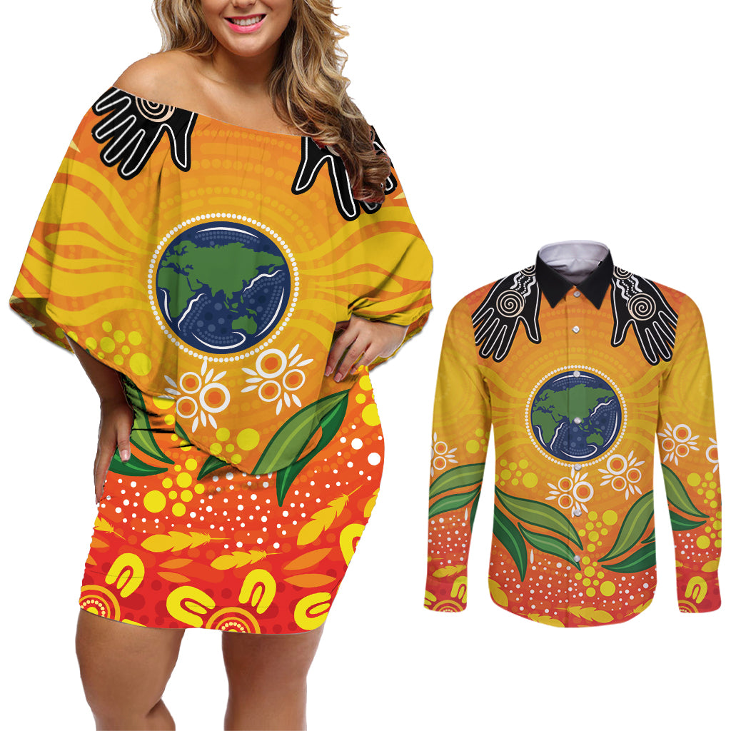 Australia Earth Day Indigenous Couples Matching Off Shoulder Short Dress and Long Sleeve Button Shirt Save The Earth