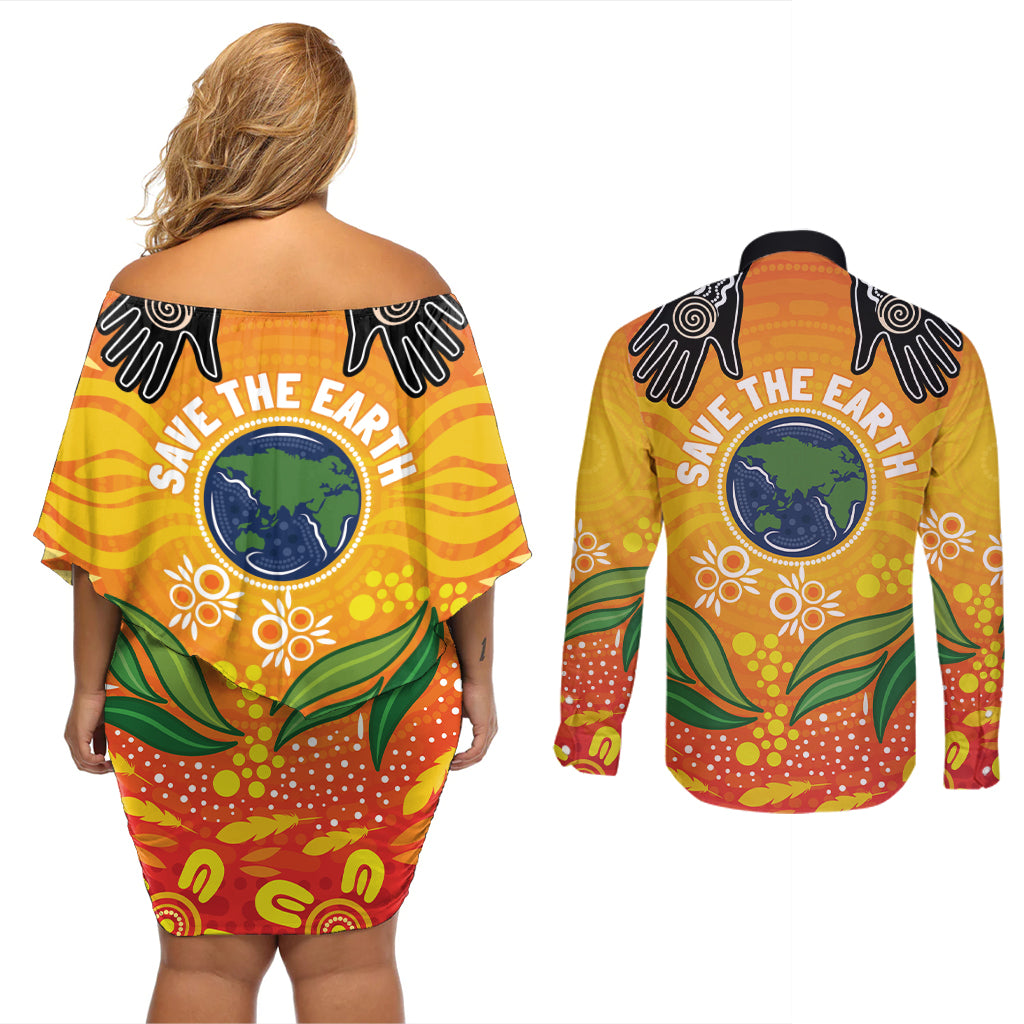 Australia Earth Day Indigenous Couples Matching Off Shoulder Short Dress and Long Sleeve Button Shirt Save The Earth