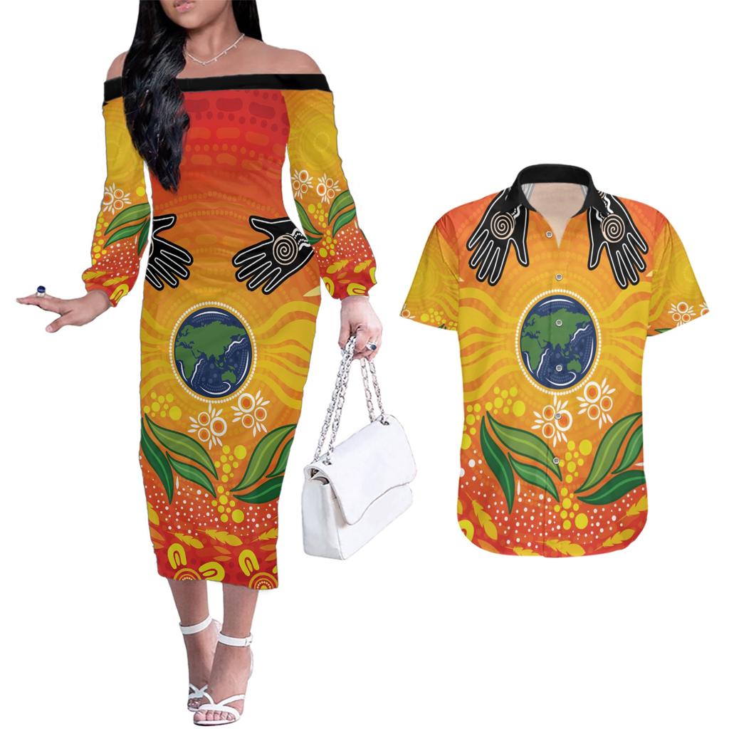 Australia Earth Day Indigenous Couples Matching Off The Shoulder Long Sleeve Dress and Hawaiian Shirt Save The Earth