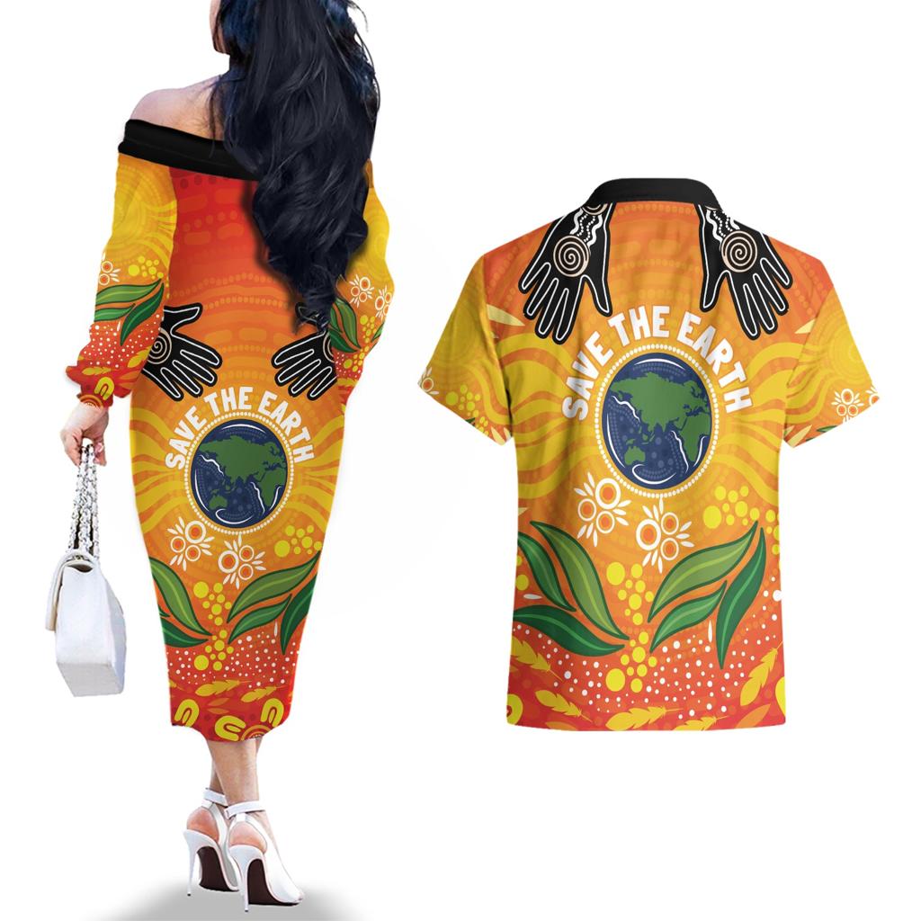 Australia Earth Day Indigenous Couples Matching Off The Shoulder Long Sleeve Dress and Hawaiian Shirt Save The Earth