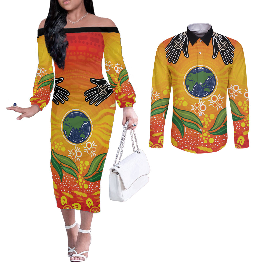 Australia Earth Day Indigenous Couples Matching Off The Shoulder Long Sleeve Dress and Long Sleeve Button Shirt Save The Earth