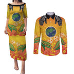 Australia Earth Day Indigenous Couples Matching Puletasi and Long Sleeve Button Shirt Save The Earth