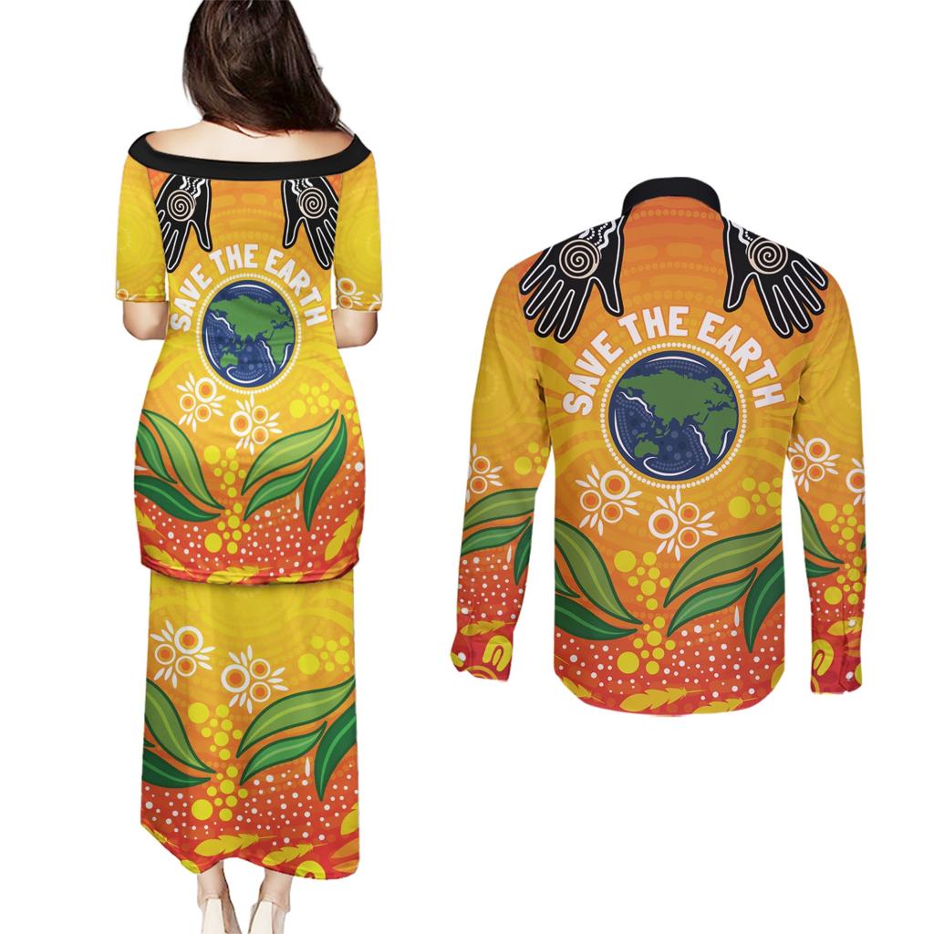 Australia Earth Day Indigenous Couples Matching Puletasi and Long Sleeve Button Shirt Save The Earth