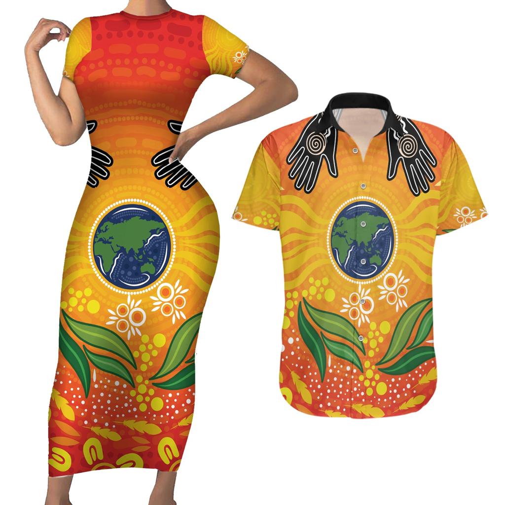 Australia Earth Day Indigenous Couples Matching Short Sleeve Bodycon Dress and Hawaiian Shirt Save The Earth