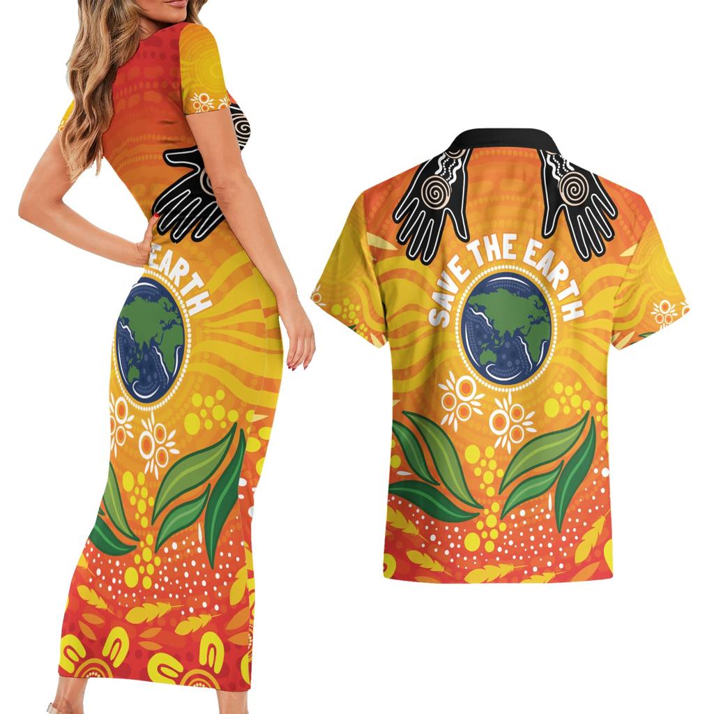 Australia Earth Day Indigenous Couples Matching Short Sleeve Bodycon Dress and Hawaiian Shirt Save The Earth