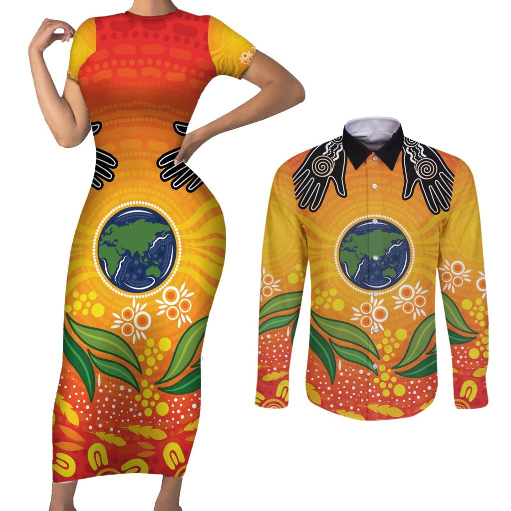Australia Earth Day Indigenous Couples Matching Short Sleeve Bodycon Dress and Long Sleeve Button Shirt Save The Earth