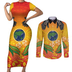 Australia Earth Day Indigenous Couples Matching Short Sleeve Bodycon Dress and Long Sleeve Button Shirt Save The Earth