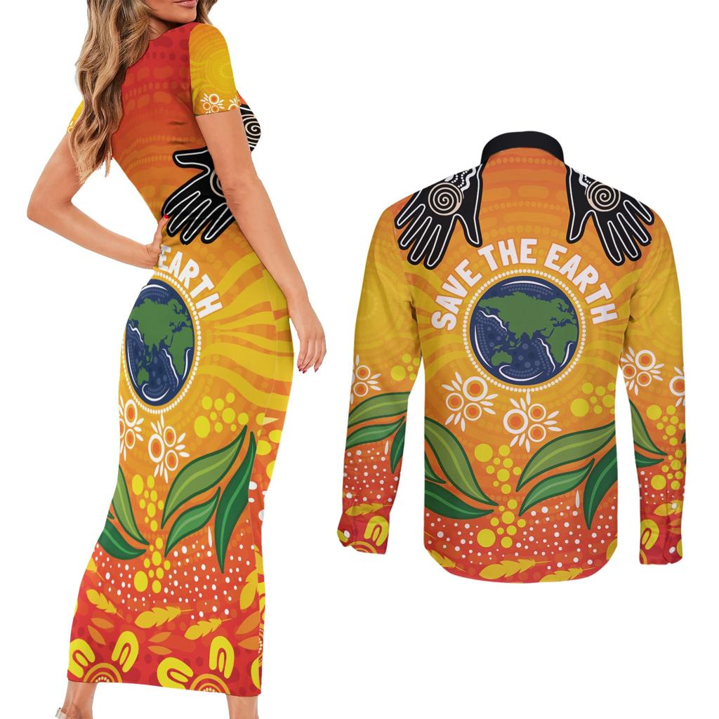 Australia Earth Day Indigenous Couples Matching Short Sleeve Bodycon Dress and Long Sleeve Button Shirt Save The Earth