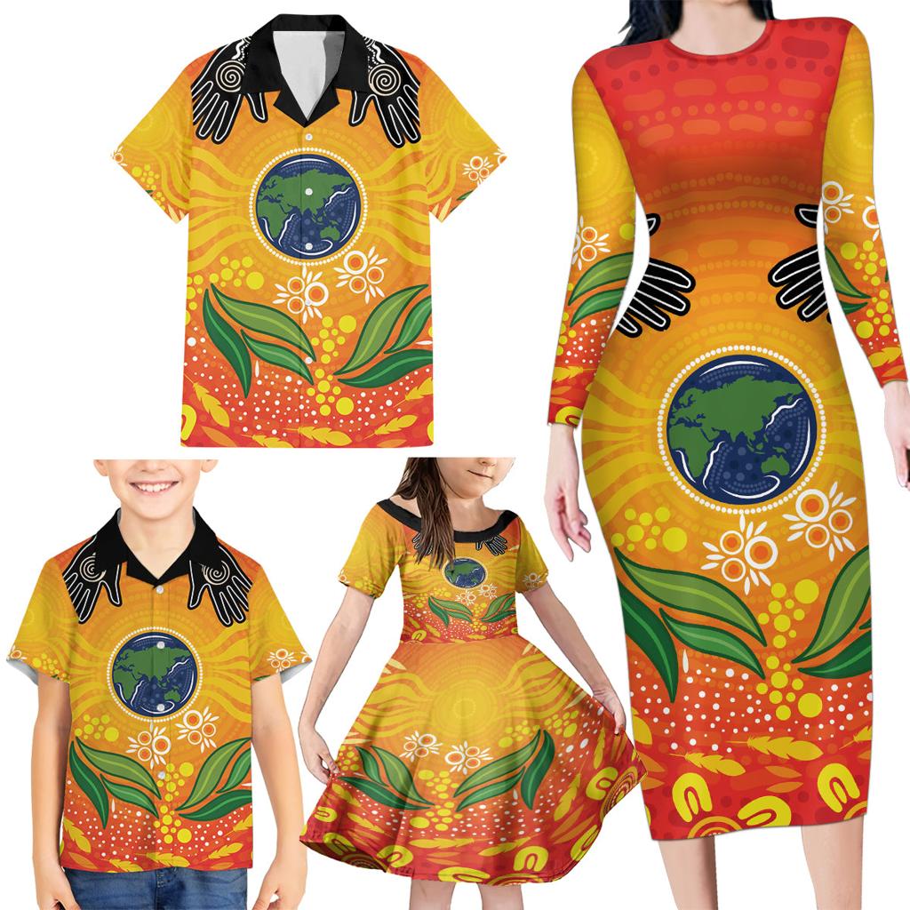 Australia Earth Day Indigenous Family Matching Long Sleeve Bodycon Dress and Hawaiian Shirt Save The Earth