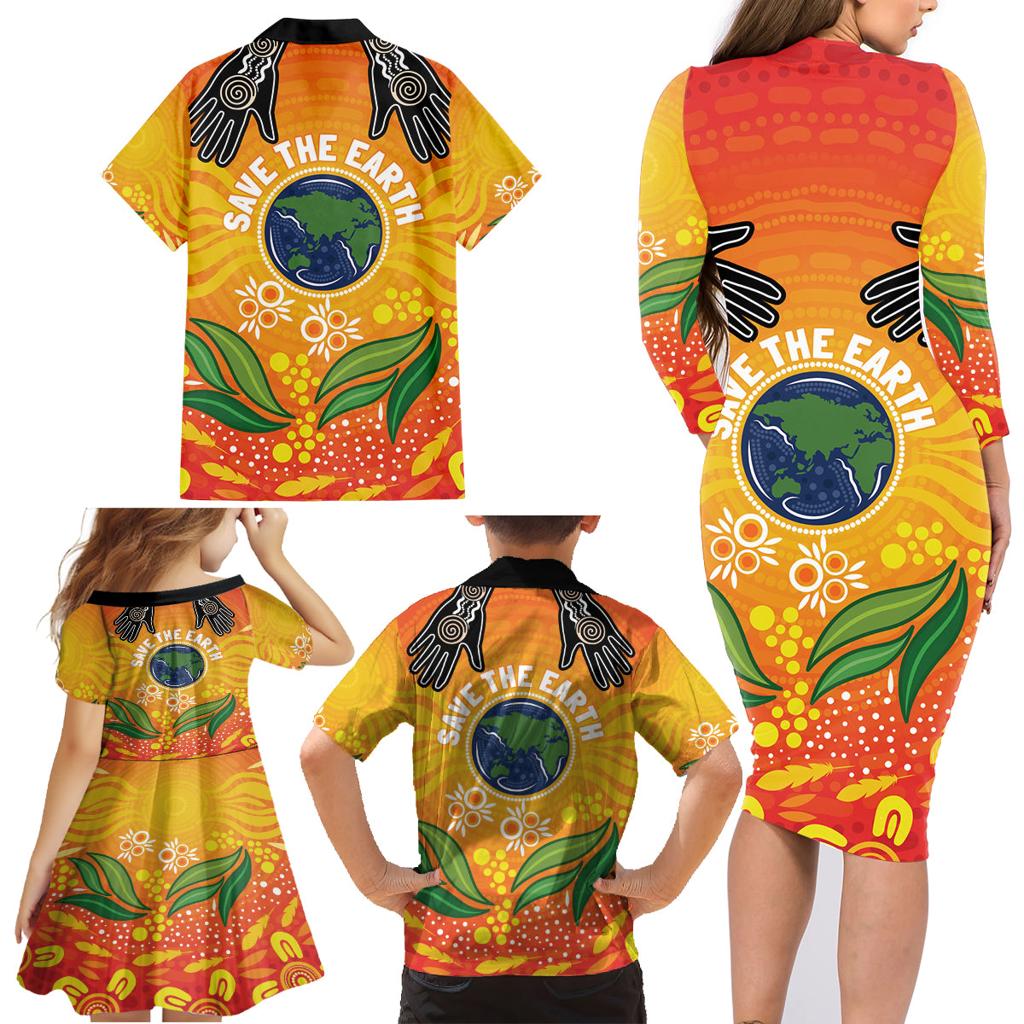 Australia Earth Day Indigenous Family Matching Long Sleeve Bodycon Dress and Hawaiian Shirt Save The Earth