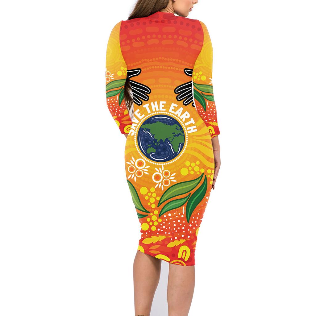 Australia Earth Day Indigenous Family Matching Long Sleeve Bodycon Dress and Hawaiian Shirt Save The Earth