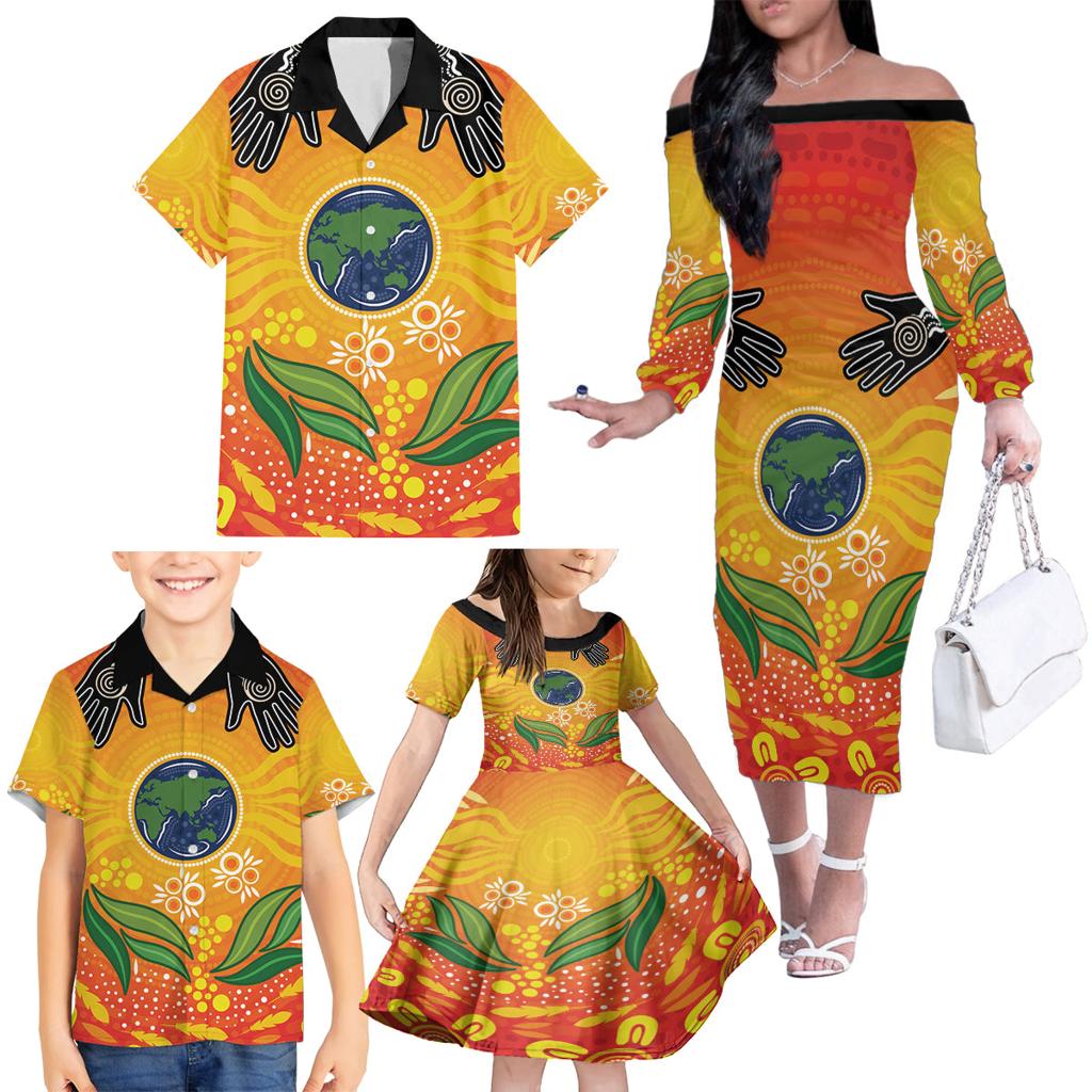 Australia Earth Day Indigenous Family Matching Off The Shoulder Long Sleeve Dress and Hawaiian Shirt Save The Earth