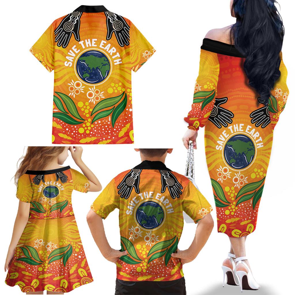 Australia Earth Day Indigenous Family Matching Off The Shoulder Long Sleeve Dress and Hawaiian Shirt Save The Earth