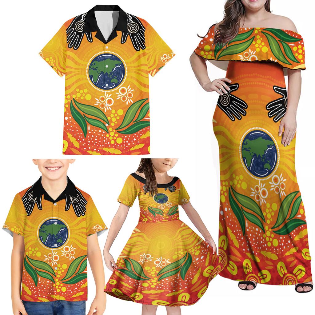 Australia Earth Day Indigenous Family Matching Off Shoulder Maxi Dress and Hawaiian Shirt Save The Earth