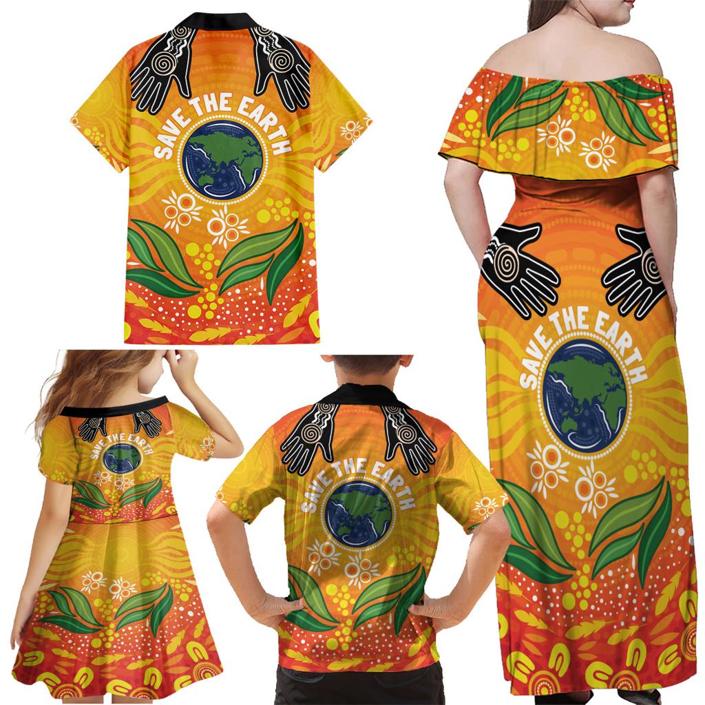 Australia Earth Day Indigenous Family Matching Off Shoulder Maxi Dress and Hawaiian Shirt Save The Earth