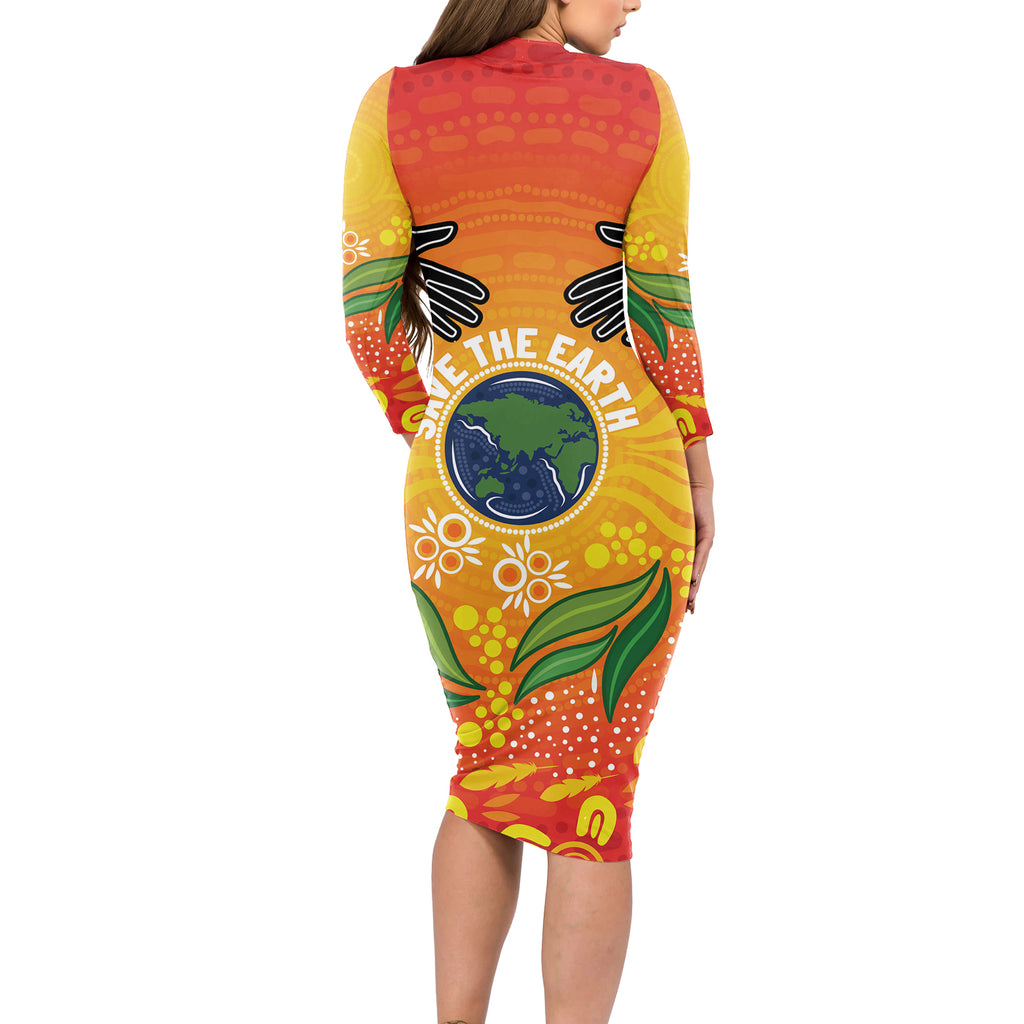 Australia Earth Day Indigenous Long Sleeve Bodycon Dress Save The Earth