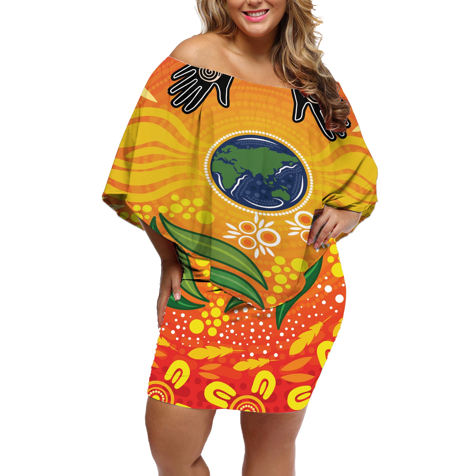 Australia Earth Day Indigenous Off Shoulder Short Dress Save The Earth