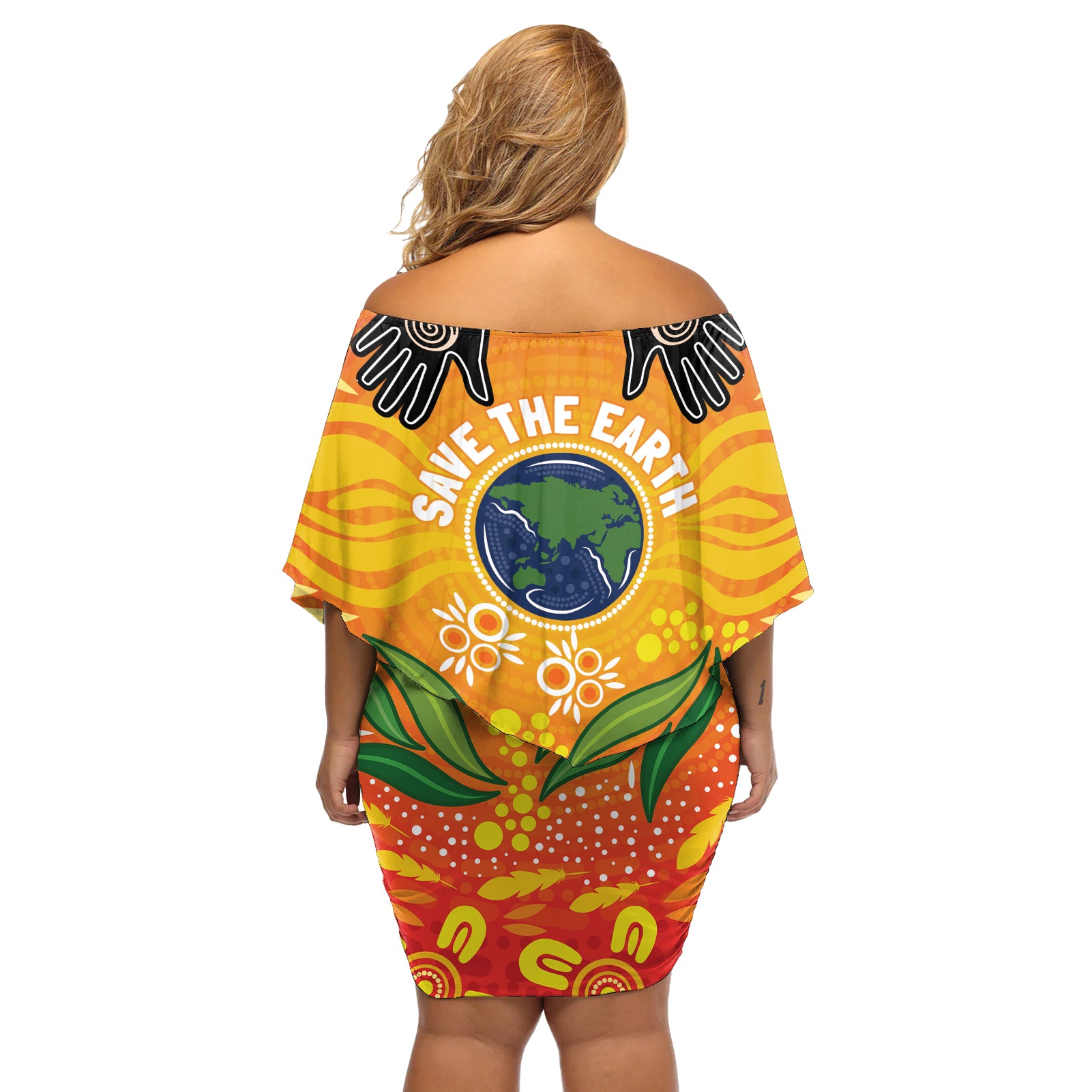 Australia Earth Day Indigenous Off Shoulder Short Dress Save The Earth