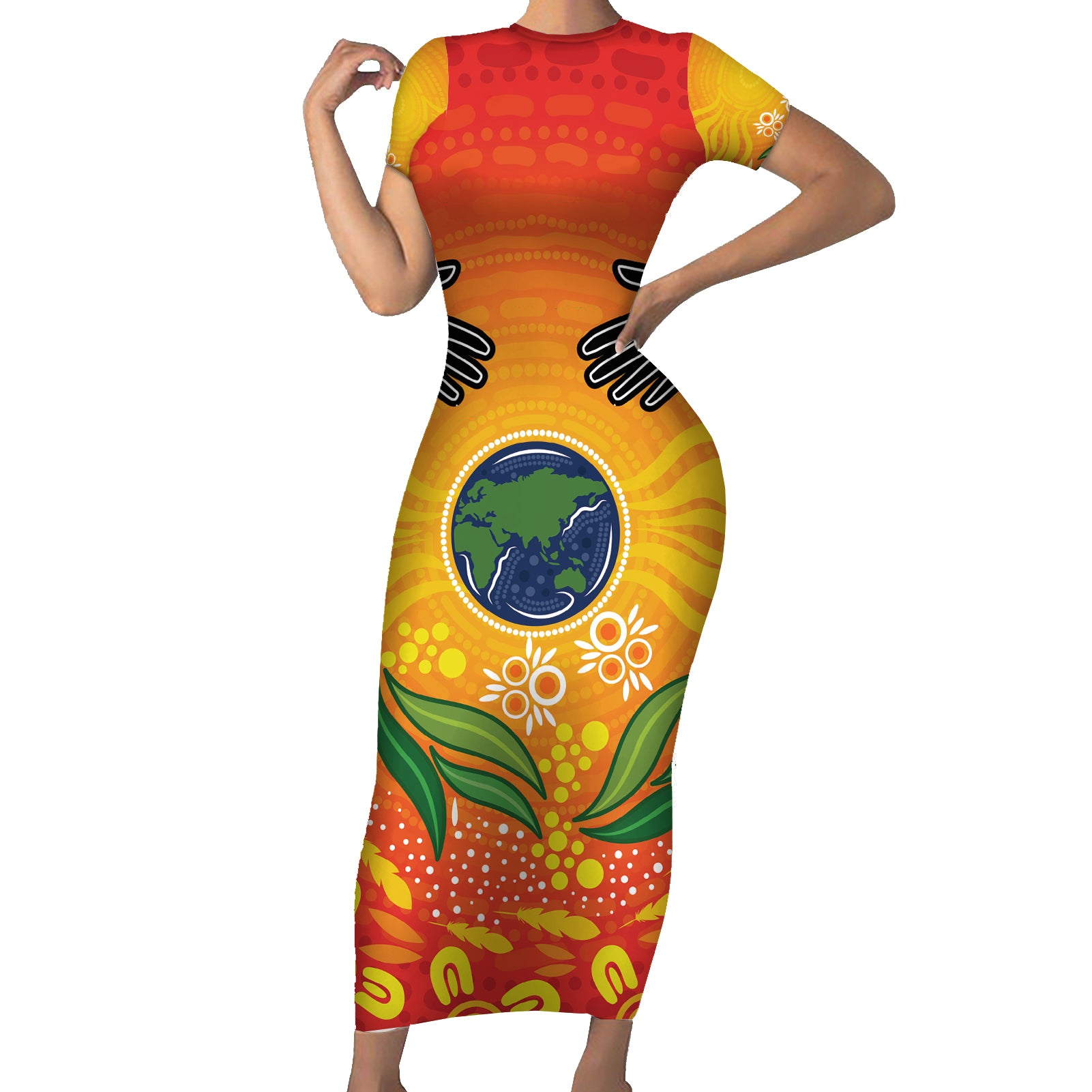 Australia Earth Day Indigenous Short Sleeve Bodycon Dress Save The Earth