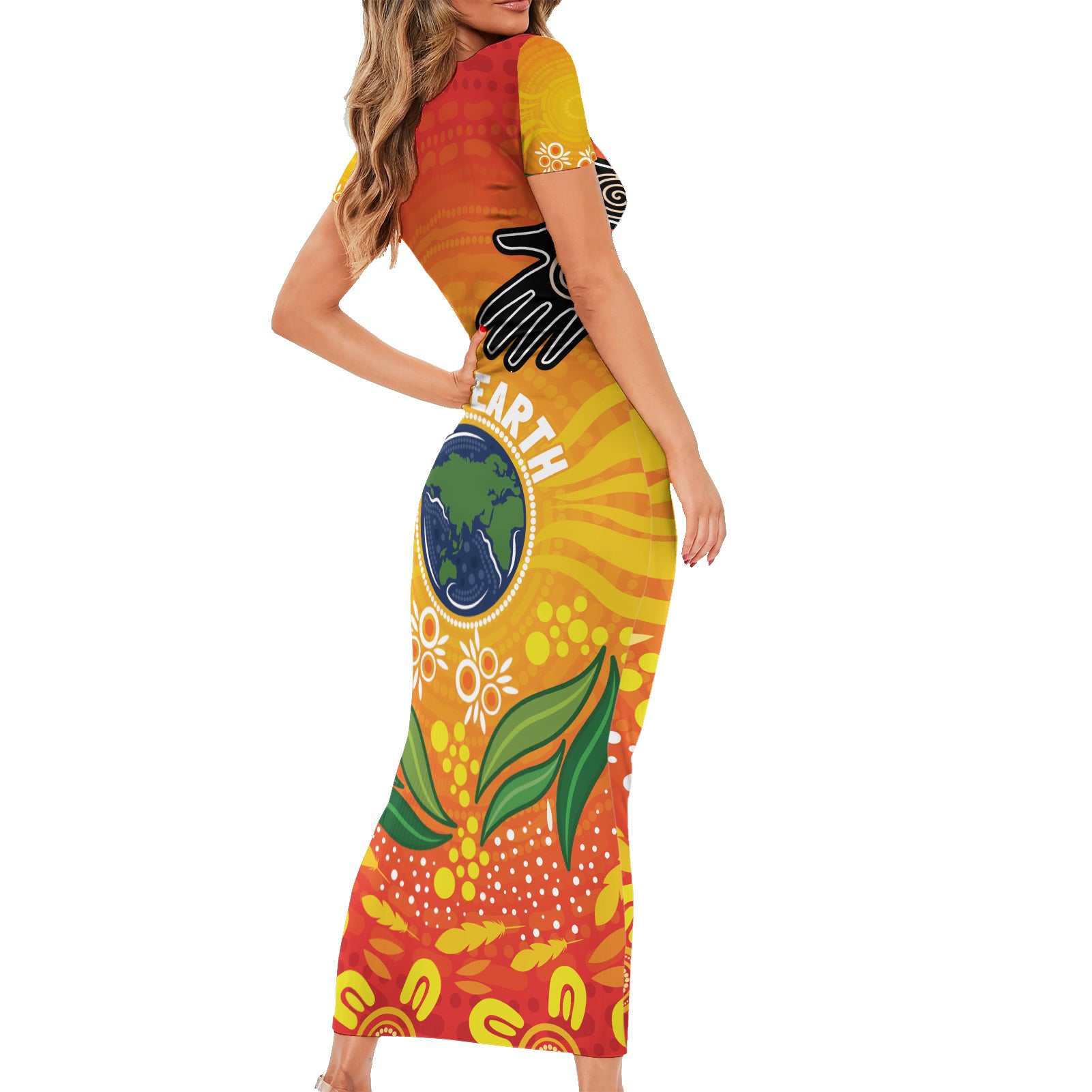 Australia Earth Day Indigenous Short Sleeve Bodycon Dress Save The Earth