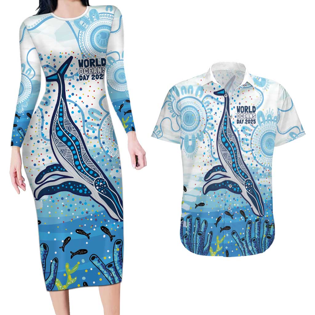 World Ocean Day Australia Aboriginal Couples Matching Long Sleeve Bodycon Dress and Hawaiian Shirt Whale Watching