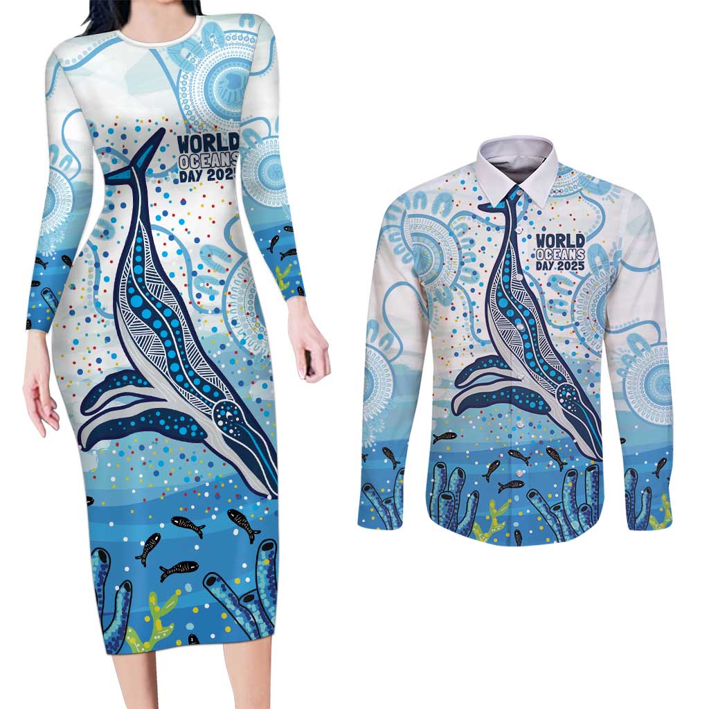 World Ocean Day Australia Aboriginal Couples Matching Long Sleeve Bodycon Dress and Long Sleeve Button Shirt Whale Watching