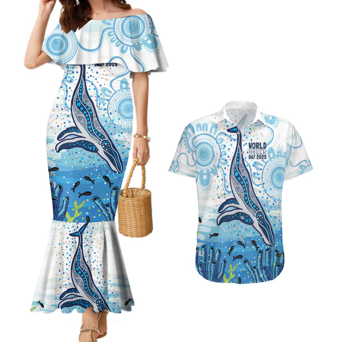 World Ocean Day Australia Aboriginal Couples Matching Mermaid Dress and Hawaiian Shirt Whale Watching