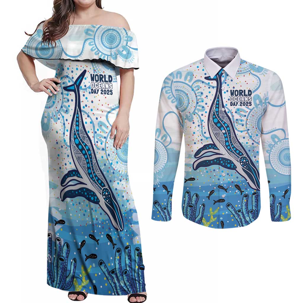 World Ocean Day Australia Aboriginal Couples Matching Off Shoulder Maxi Dress and Long Sleeve Button Shirt Whale Watching