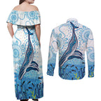 World Ocean Day Australia Aboriginal Couples Matching Off Shoulder Maxi Dress and Long Sleeve Button Shirt Whale Watching