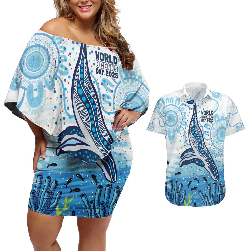 World Ocean Day Australia Aboriginal Couples Matching Off Shoulder Short Dress and Hawaiian Shirt Whale Watching