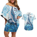 World Ocean Day Australia Aboriginal Couples Matching Off Shoulder Short Dress and Hawaiian Shirt Whale Watching