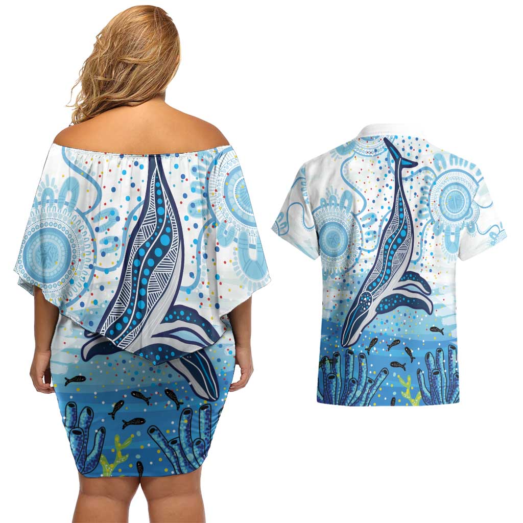 World Ocean Day Australia Aboriginal Couples Matching Off Shoulder Short Dress and Hawaiian Shirt Whale Watching