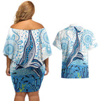 World Ocean Day Australia Aboriginal Couples Matching Off Shoulder Short Dress and Hawaiian Shirt Whale Watching