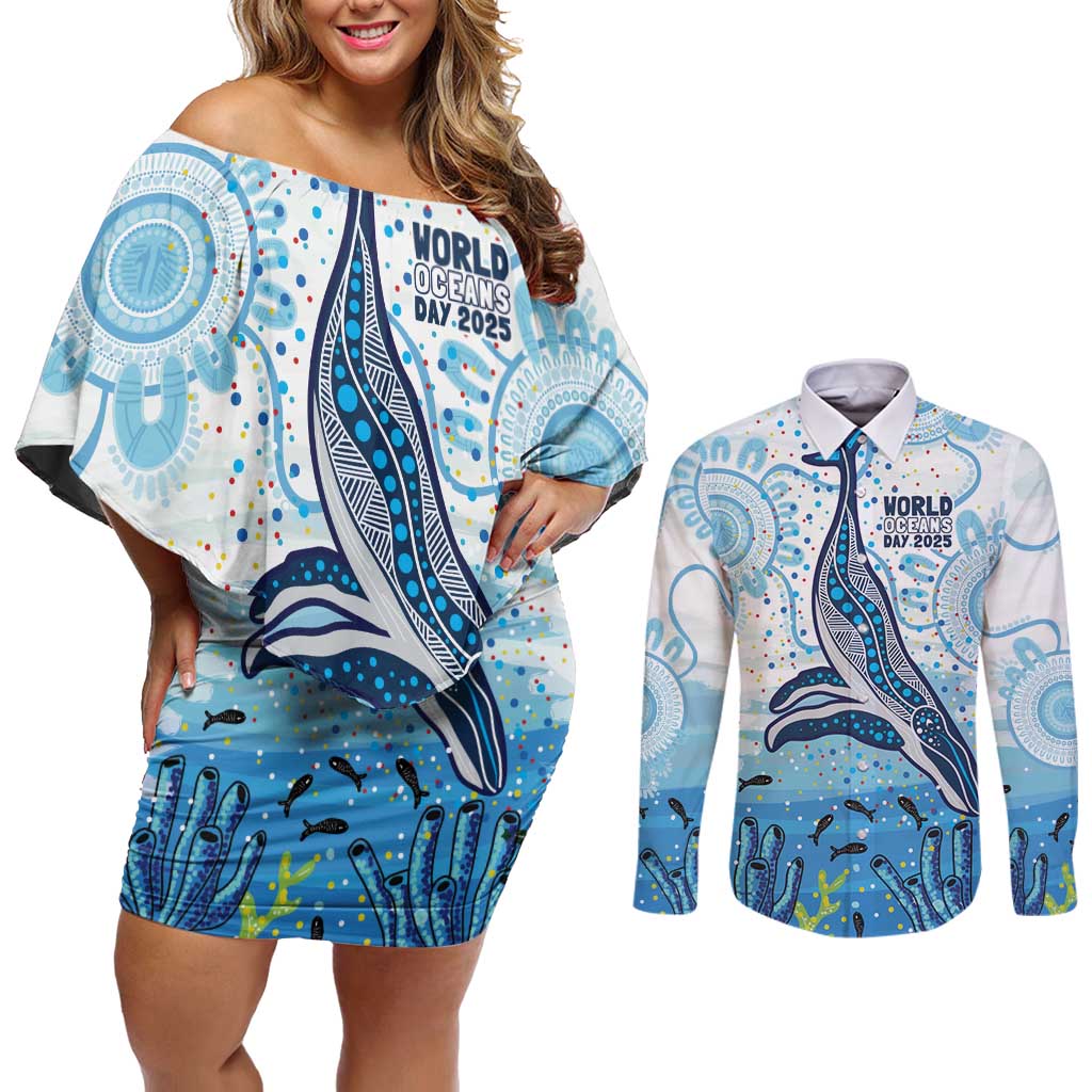 World Ocean Day Australia Aboriginal Couples Matching Off Shoulder Short Dress and Long Sleeve Button Shirt Whale Watching