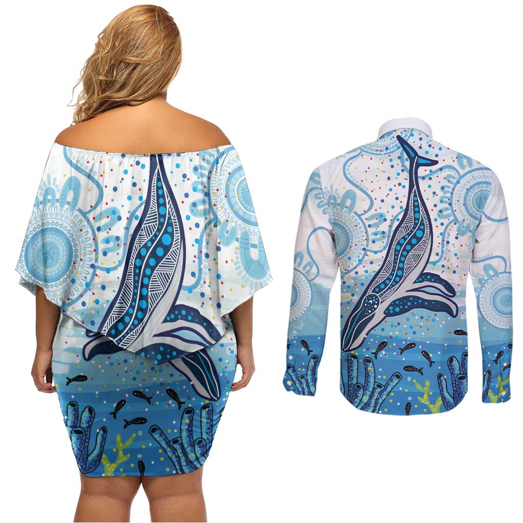 World Ocean Day Australia Aboriginal Couples Matching Off Shoulder Short Dress and Long Sleeve Button Shirt Whale Watching