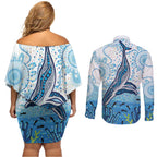 World Ocean Day Australia Aboriginal Couples Matching Off Shoulder Short Dress and Long Sleeve Button Shirt Whale Watching