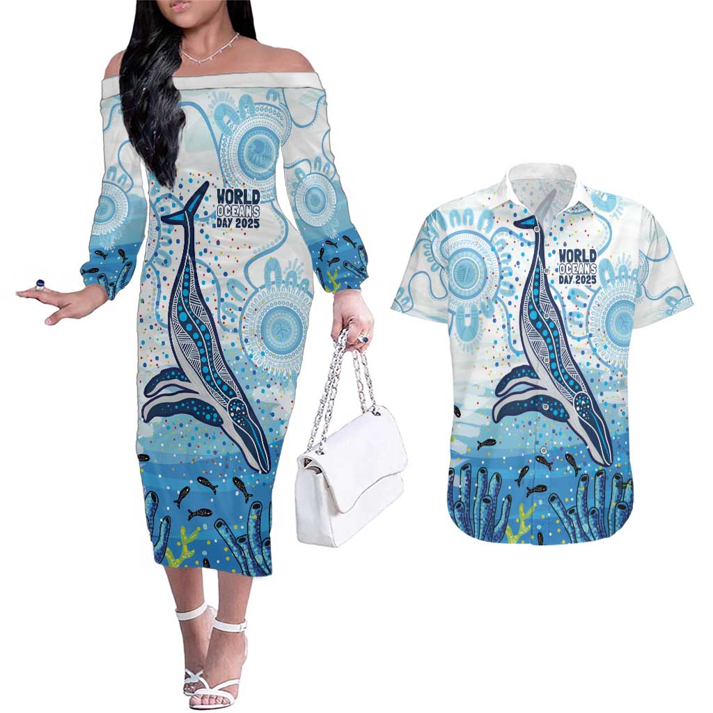 World Ocean Day Australia Aboriginal Couples Matching Off The Shoulder Long Sleeve Dress and Hawaiian Shirt Whale Watching