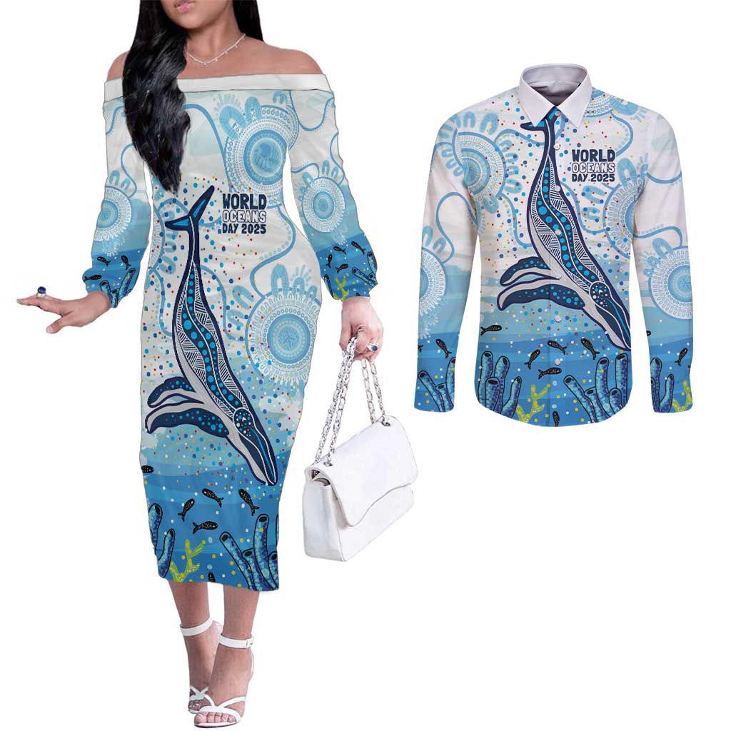 World Ocean Day Australia Aboriginal Couples Matching Off The Shoulder Long Sleeve Dress and Long Sleeve Button Shirt Whale Watching